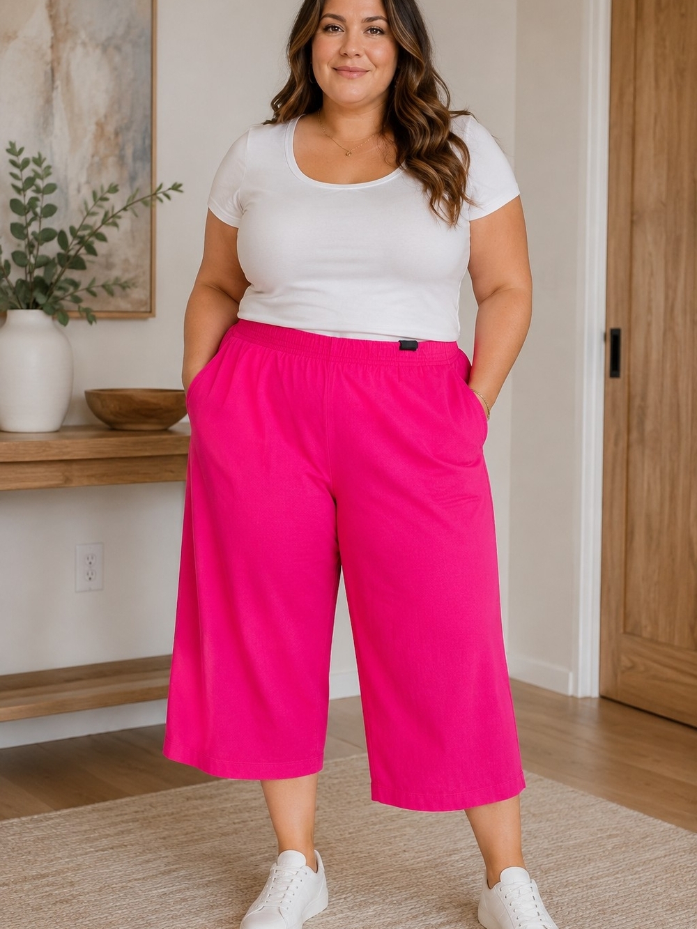 Reitmans Hot Pink Linen Blend Wide Leg Capri Pants Size 18 XL